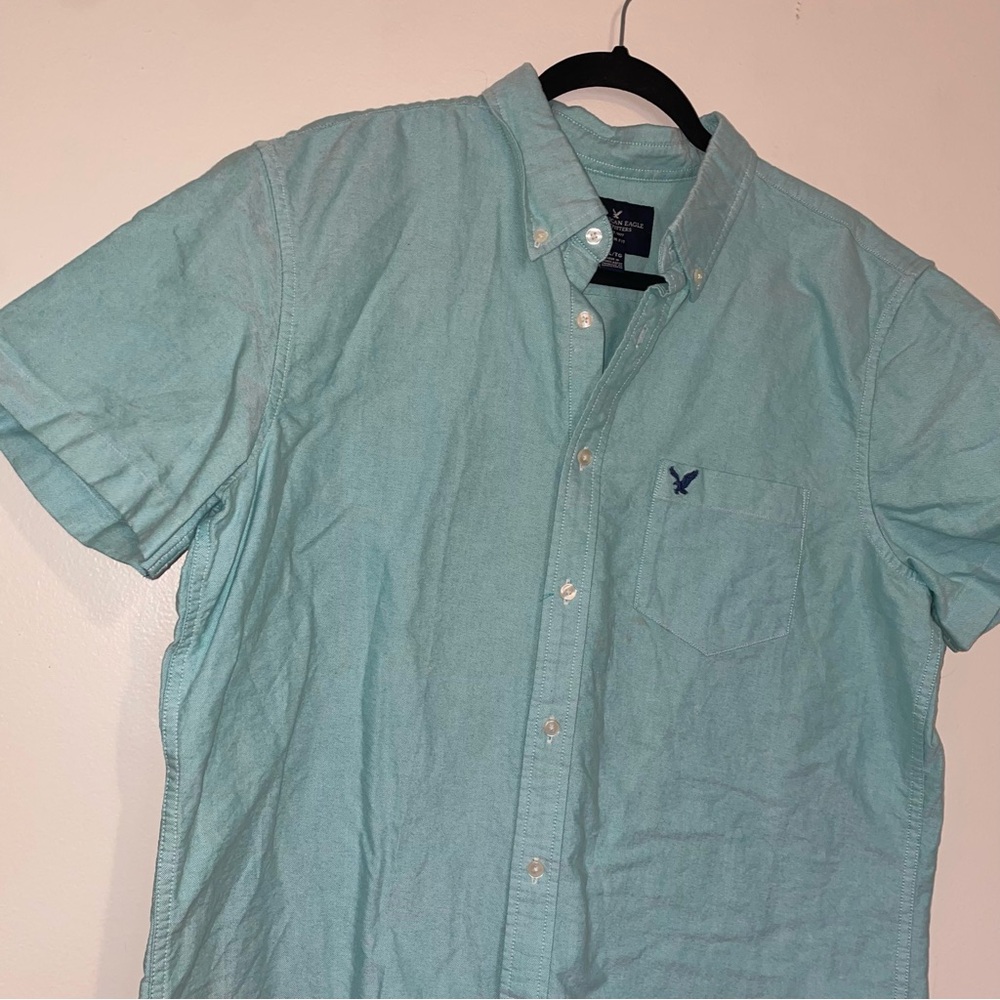 America Eagle | Slim Fit Aqua Short Sleeve Button-Down Shirt - Picture 2 of 4